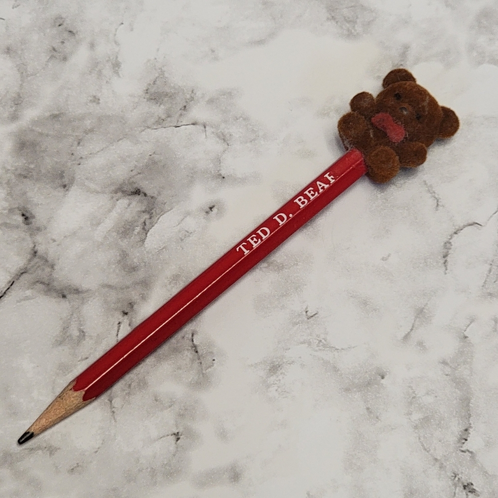 VTG 80s Ted D‎ Bear Pencil with Flocked Teddy Topper Brown Red Collectible 1980s